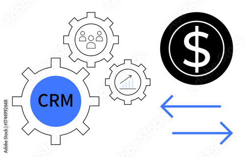 Gears labeled CRM, graphs, and team icons interconnect with a dollar sign and bidirectional arrows. Ideal for sales, CRM, teamwork, analytics, business growth transaction marketing. Simple flat