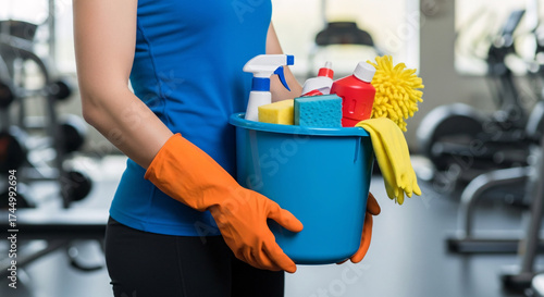 Gym Cleaning Essentials A Person Holding a Bucket with Cleaning Supplies for Hygiene and Maintenance