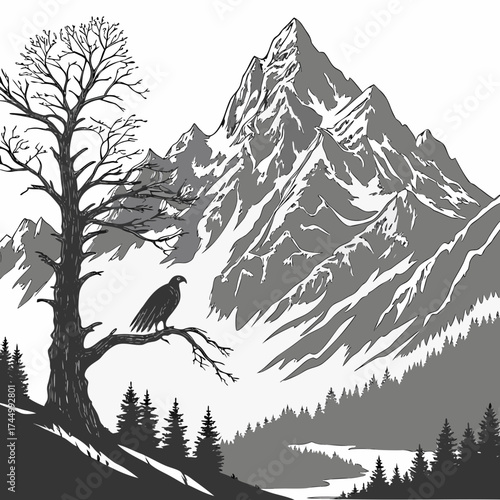 Majestic mountain landscape with a solitary eagle perched on a bare tree branch, overlooking a serene river winding through a dense forest
