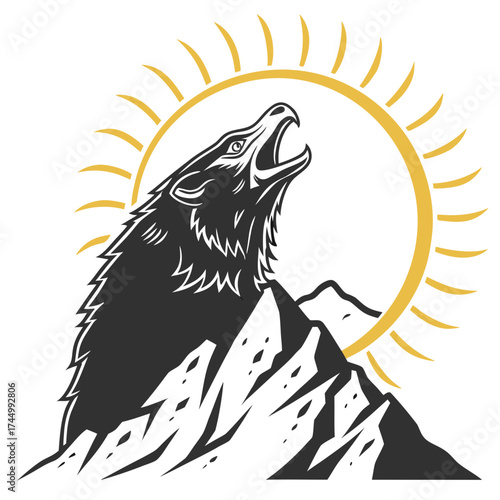 Majestic wolf howling at the sun atop a rugged mountain peak, its silhouette sharply defined against the golden rays, evoking a sense of wilderness and untamed nature