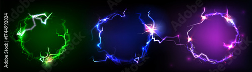 Round neon lightning frames set isolated on black background. Vector realistic illustration of circular thunder bolt borders, green, blue, purple electric energy discharge effect, magic power strike