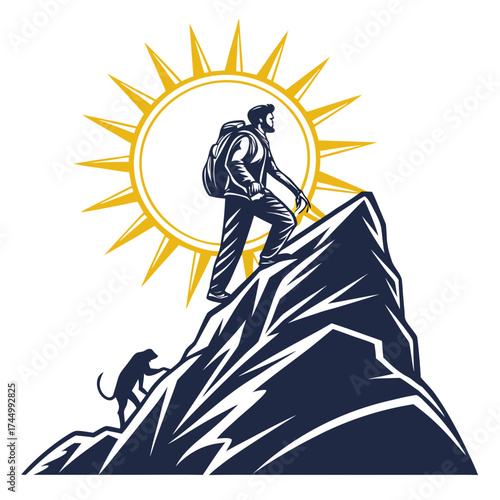 A determined climber and his loyal panther companion conquer a majestic mountain peak beneath the radiant sun, embodying teamwork, resilience, and the spirit of exploration