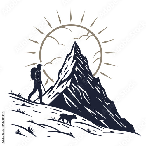 Adventurer and loyal dog conquer mountain peak under radiant sun, embodying perseverance, companionship, and the thrill of exploration