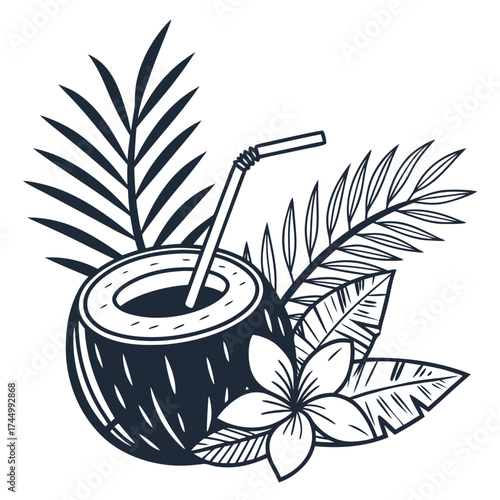 Refreshing coconut drink amidst tropical foliage, evoking relaxation, vacation, and the exotic allure of island life