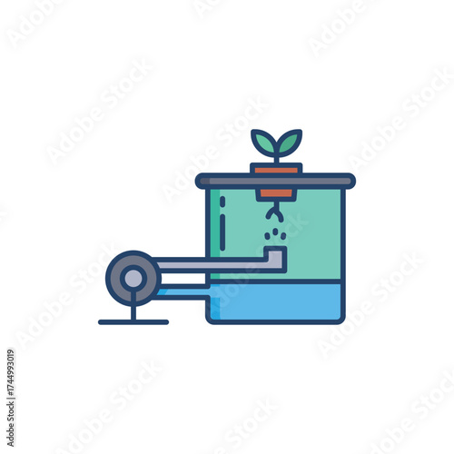 Cartoon depiction of a hydroponic growing system with a plant container pump and pipe