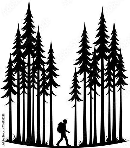 Minimalist black silhouette of a person hiking on a path through a tall pine tree forest, a vector graphic symbolizing adventure and outdoor exploration