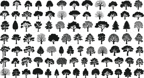 Tree silhouettes collection, diverse foliage vector set, botanical icons, black tree graphics, woodland illustration, landscape design elements, nature artwork