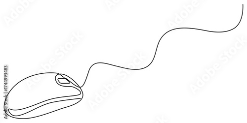 Computer mouse continuous one line drawing, Single line art illustration white background, Drawn continuous one line computer mouse logo, computer mouse equipment continuous line art illustration.