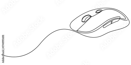 Computer mouse continuous one line drawing, Single line art illustration white background, Drawn continuous one line computer mouse logo, computer mouse equipment continuous line art illustration.
