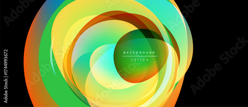 Abstract flowing layers, vibrant colors blend. Circular shapes create dynamic visual effect. Modern design element for backgrounds.