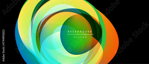 Abstract colorful layers create dynamic circular design. Vibrant hues blend, forming flowing visual experience. Modern, energetic composition.