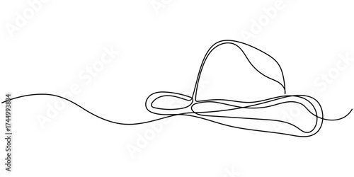 Continuous single drawn one line men hat, one line drawing of cowboy hat, Simple cowboy hat line art, Cowboy hat continuous one line drawing vector illustration, Premium vector, Boater Hat Continuous.
