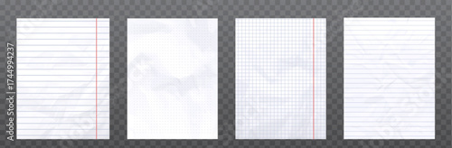 Notebook paper grid templates with clean white backgrounds - lined sheets, dotted patterns, graph squares and blank pages. School stationery textures for educational or office documentation designs.