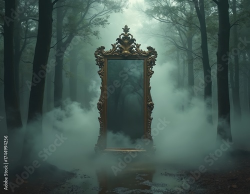 Ornate mirror stands in foggy forest. Dense mist, tall trees create ethereal atmosphere. Surreal dark nature scene with vintage mirror. Magic portal in woodland. Mysterious forest backdrop for