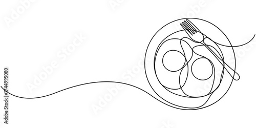 Continuous one line drawing of fried egg, World egg day simple web banner, background, Modern one line design vector graphic illustration, Vector illustration of Fried egg with runny yolk.