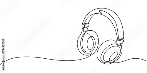 Vector one Continuous line drawing of headphones speaker headset gadget and earphones devices minimalist, Continuous one line drawing of headphones speaker for podcast web banner, head accessory.