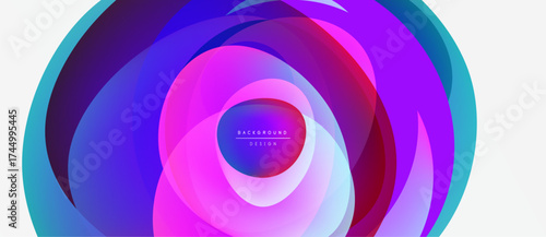 Abstract vibrant layers create circular design. Purple, pink, blue hues blend, forming dynamic visual effect. Modern background element.