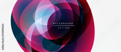 Abstract circles overlap, creating vibrant color gradients. Pink, purple, teal hues dominate design. Text reads background design.