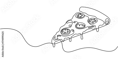 One line Drawing or illustration of slice of pizza with pepperoni and mushrooms, Continuous one line drawing of pizza slice, One line drawing illustration of italian pizza, Fast food, junk food pro.