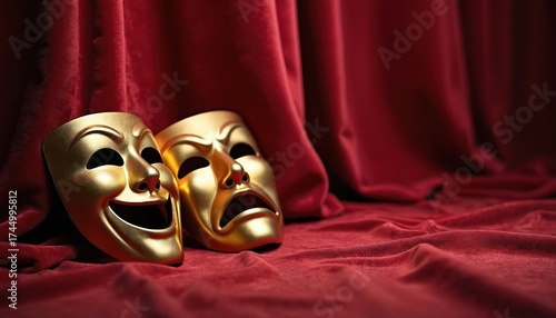 Two gold theatre masks lie on red velvet curtain. Comedy, tragedy symbolise drama performance. Represent acting show, art, culture entertainment industry. Masks express emotion, feelings on play,