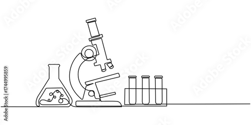 Lab experiment tools in continuous single one line art drawing, Minimalist glassware for laboratory research., Chemical lab flask, Laboratory test tube in continuous one line drawing,  Hand drawn.