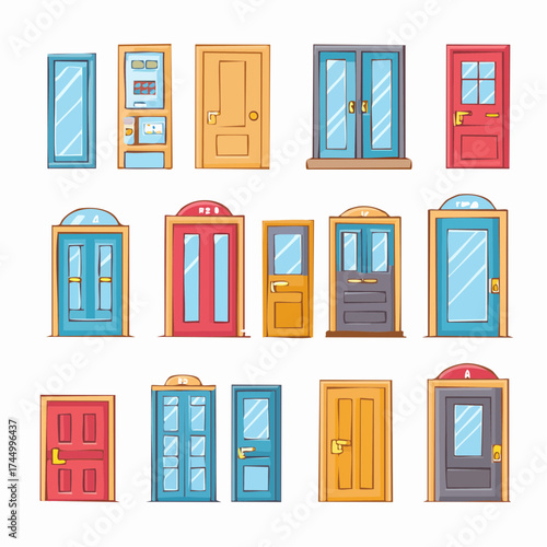 Door type icons Collection in linear style Home entrance doors, classic interior doors, elevators and wooden or glass safes Simple design vector illustration on white background 