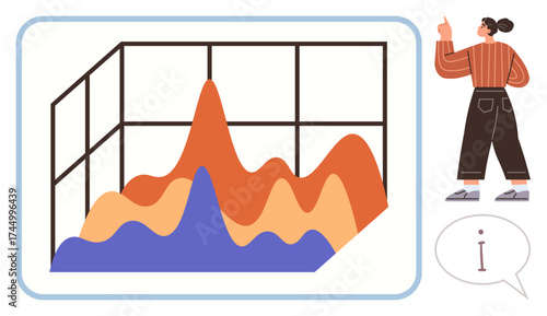 3D layered chart with waves and peaks, woman pointing at visual. Ideal for analysis, data trends, business strategy, presentation, education, forecasting teamwork. Simple flat metaphor