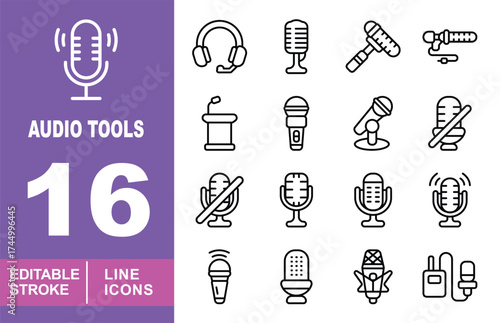 Audio set of web icons in line style. Containing Microphone, Headphone, Device, Podium and more. Editable stroke icons collection.