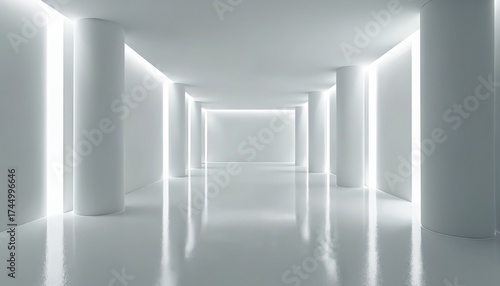Wallpaper Mural Minimalist white room with long hallway, pillars. White walls, floor. Bright light from led lights. Modern interior design with empty space. Clean architecture with glossy floor. Neutral color scheme. Torontodigital.ca