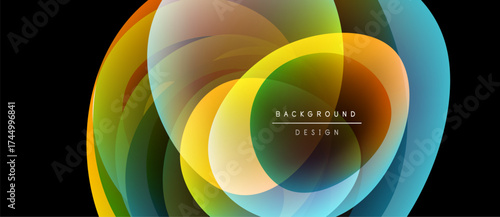 Abstract colorful layers create dynamic circular design. Bright hues blend, forming modern background element. Smooth gradients offer visual interest.