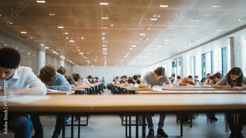 Exam Hall Serenity: A large exam hall is filled with students, focused on their tests, highlighting a moment of intense concentration and the pursuit of knowledge. 