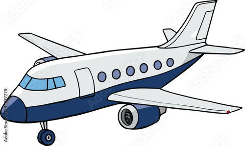 Cartoon airplane illustration, white and blue jet, commercial aircraft drawing, passenger plane design, aviation vector art, children’s transport, travel theme