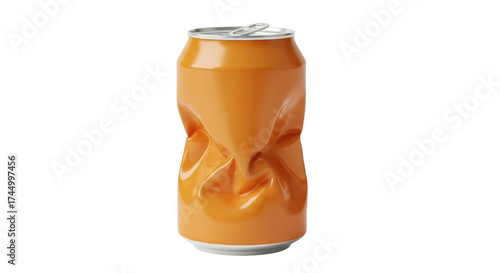 Isolated crushed aluminum drink can, damaged container showing strong texture, orange color
