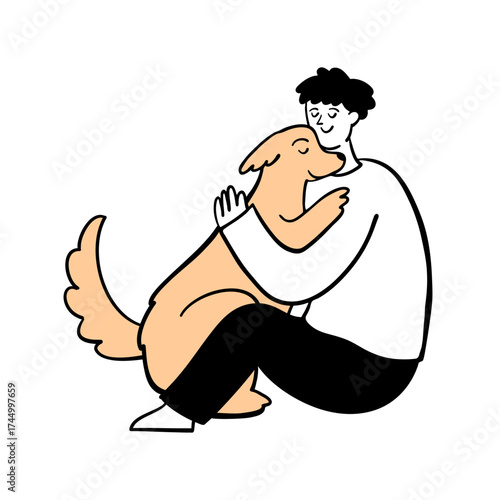 Man Hugging Dog. Hand Drawn People Illustration.