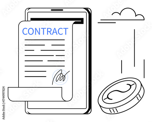 Tablet displaying a signed contract, currency coin, and cloud. Ideal for business, finance, digital signature, cloud storage, online agreements legal processes secure transactions. Simple flat