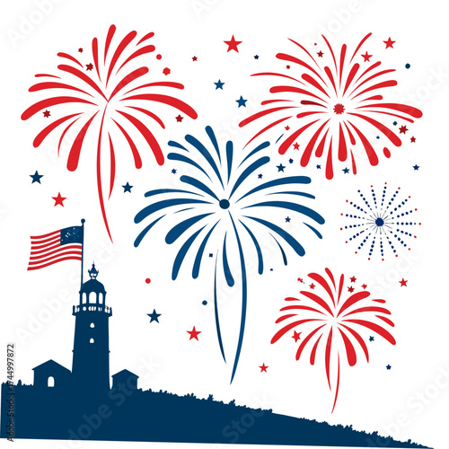 A festive fourth of july scene featuring a lighthouse, american flag, and vibrant fireworks in red, white, and blue, celebrating independence day
