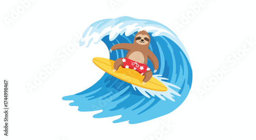 Sloth surfing on a yellow surfboard on a big blue wave.