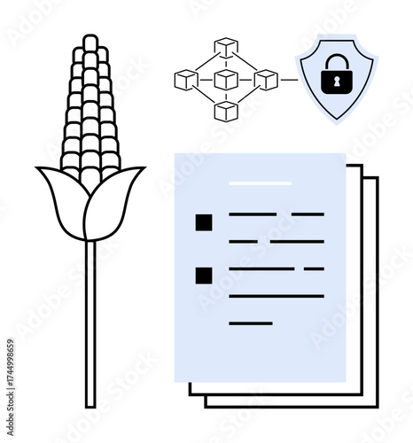Corn crop beside document stack, blockchain network, and lock shield. Ideal for agriculture, technology, data security, supply chain, farming research and policy concepts. Simple flat metaphor