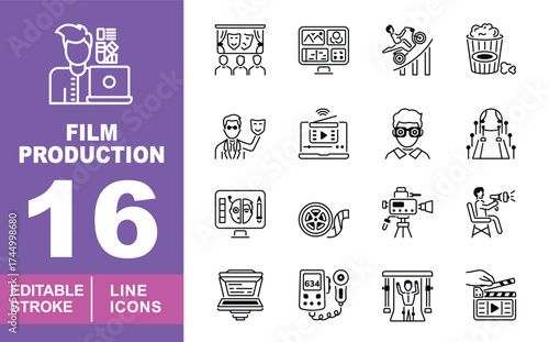 Film set of web icons in line style. Containing Tv, laptop, Film, Chair, Hand and more. Editable stroke icons collection.
