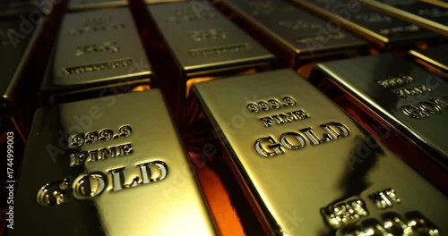 Heavy gold bars lie neatly arranged in perfect rows inside secure bank vault. Polished surfaces of marked ingots gleam brightly under artificial light