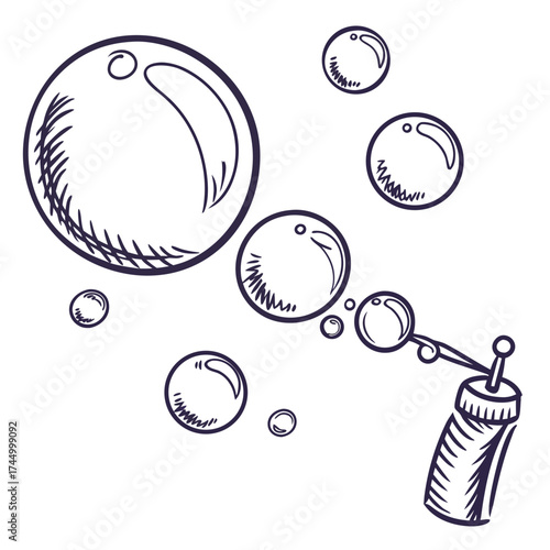 A handdrawn illustration of bubbles being blown from a bubble wand, creating a playful and nostalgic scene, the bubbles float gently in the air, catching the light