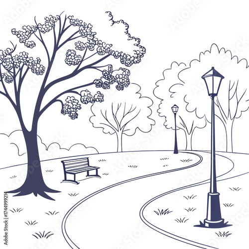 Park scene illustration a tranquil park landscape featuring a winding path, blooming trees, a bench, and vintage streetlights, all in a clean, outlined style, evoking a sense of peace and serenity
