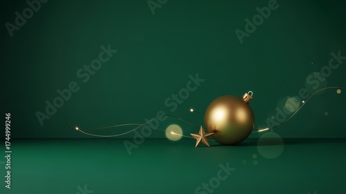 Art Deco Christmas background with geometric gold accents, stylized baubles, and elegant star on green layout