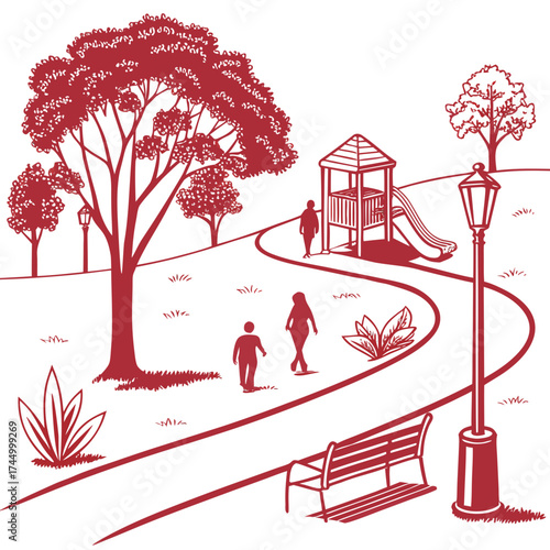 A charming monochromatic illustration showcases a serene park scene with a winding path, lush trees, a playground, and figures enjoying the outdoors, evoking a sense of tranquility and community