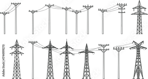 Utility pole and transmission tower silhouettes, power line vector set, electricity infrastructure artwork, black engineering graphics, urban energy distribution design