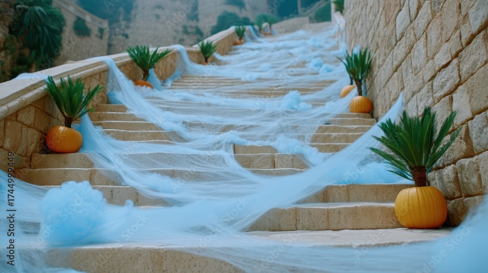 Obraz premium Decorative Halloween Stairs with Blue Cobwebs and Mini Pumpkins