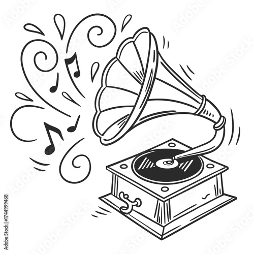 Vintage gramophone illustration handdrawn sketch of an oldfashioned record player with musical notes swirling around it, evoking nostalgia and timeless melodies