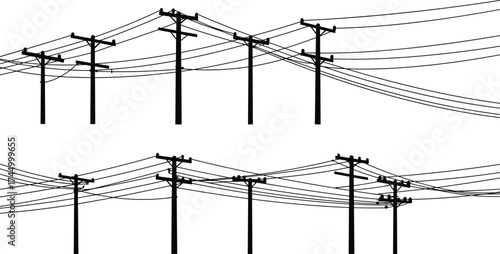 Utility pole silhouettes, power line vector set, electricity infrastructure illustration, black engineering graphics, urban energy distribution artwork, catenary curve design elements