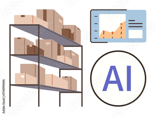 Shelves with packed boxes, analytics chart, and AI label merge logistics and technology. Ideal for inventory optimization, supply chain, e-commerce, automation, data-driven insights, AI innovation