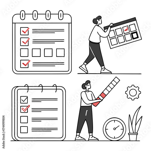 A set of vector illustrations depicting time management and productivity, showcasing concepts like scheduling, task completion, and workflow optimization
